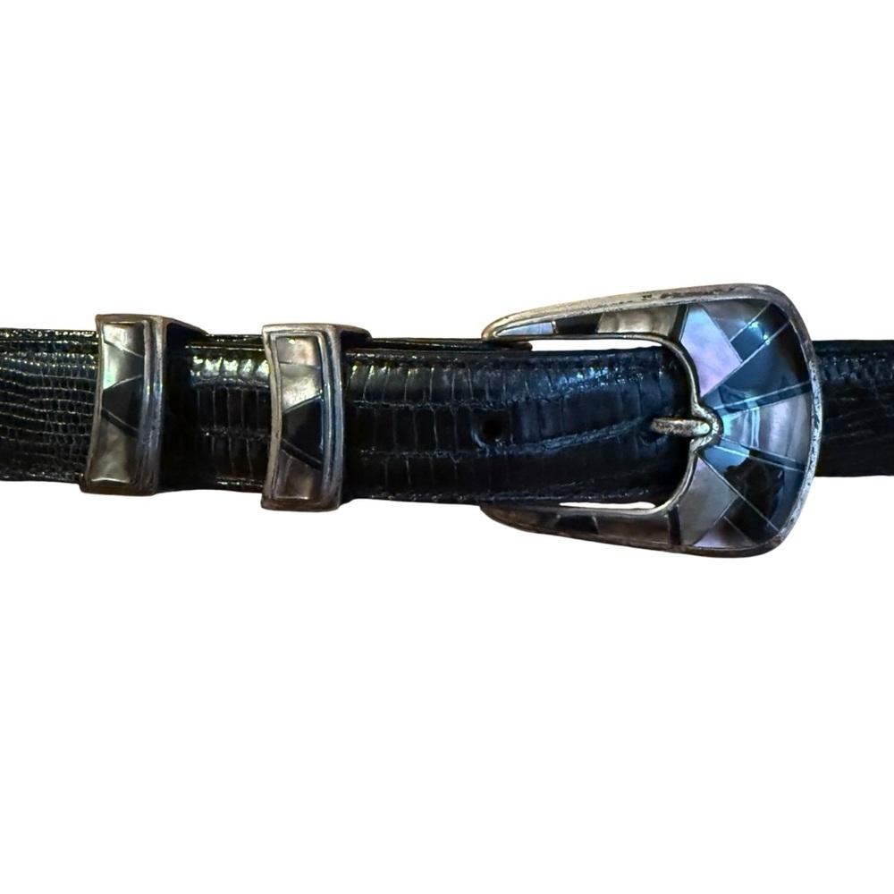 JW Cooper .925 Sterling Opal Inlay Black Lizard Skin Belt Size 44
